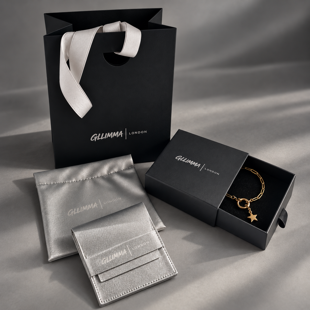 Gllimma jewellery packaging on a white background