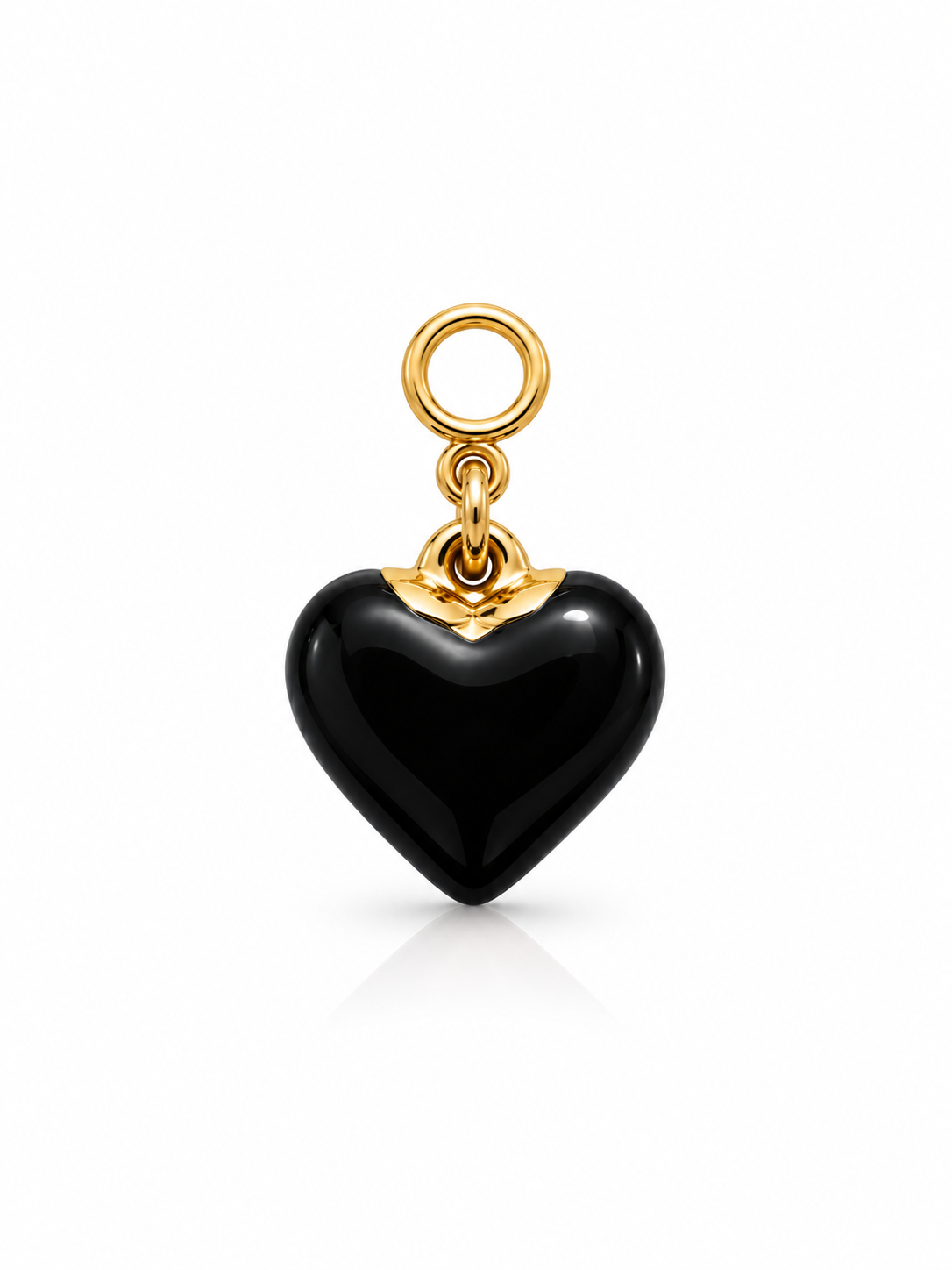 A glossy black heart-shaped pendant charm with a polished gold-tone top loop and cap, shown on a clean white background.