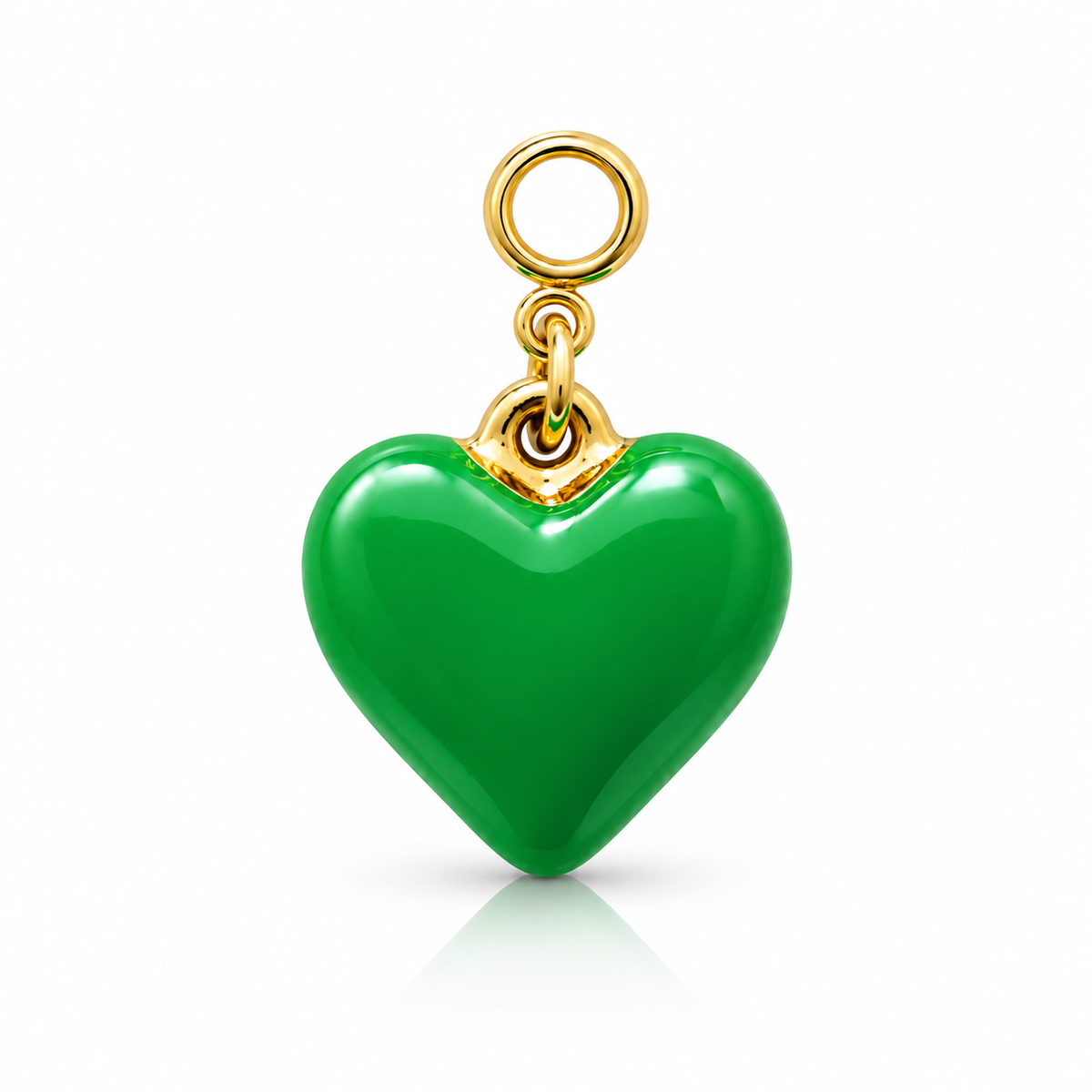 A glossy green heart-shaped charm pendant with gold-tone metal loops and cap, shown on a clean white background with a soft reflection below.
